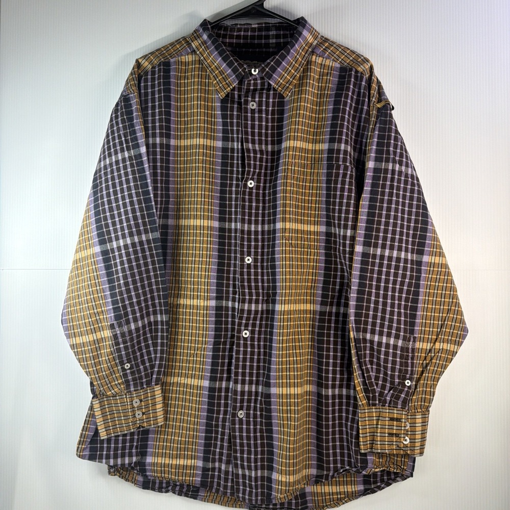 Vintage Mecca USA 1984 Plaid 100%Cotton Button Down Brown Yellow Purple Men's XL
